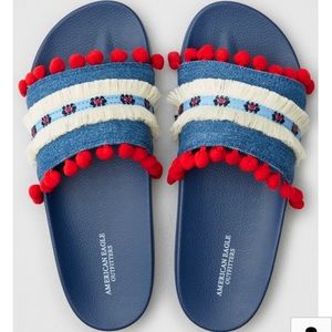 AEO Pom-Pom Fringe Denim Slide Sandals